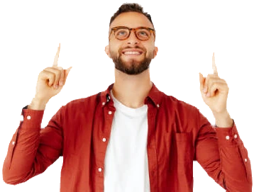 A smiling man pointing upward